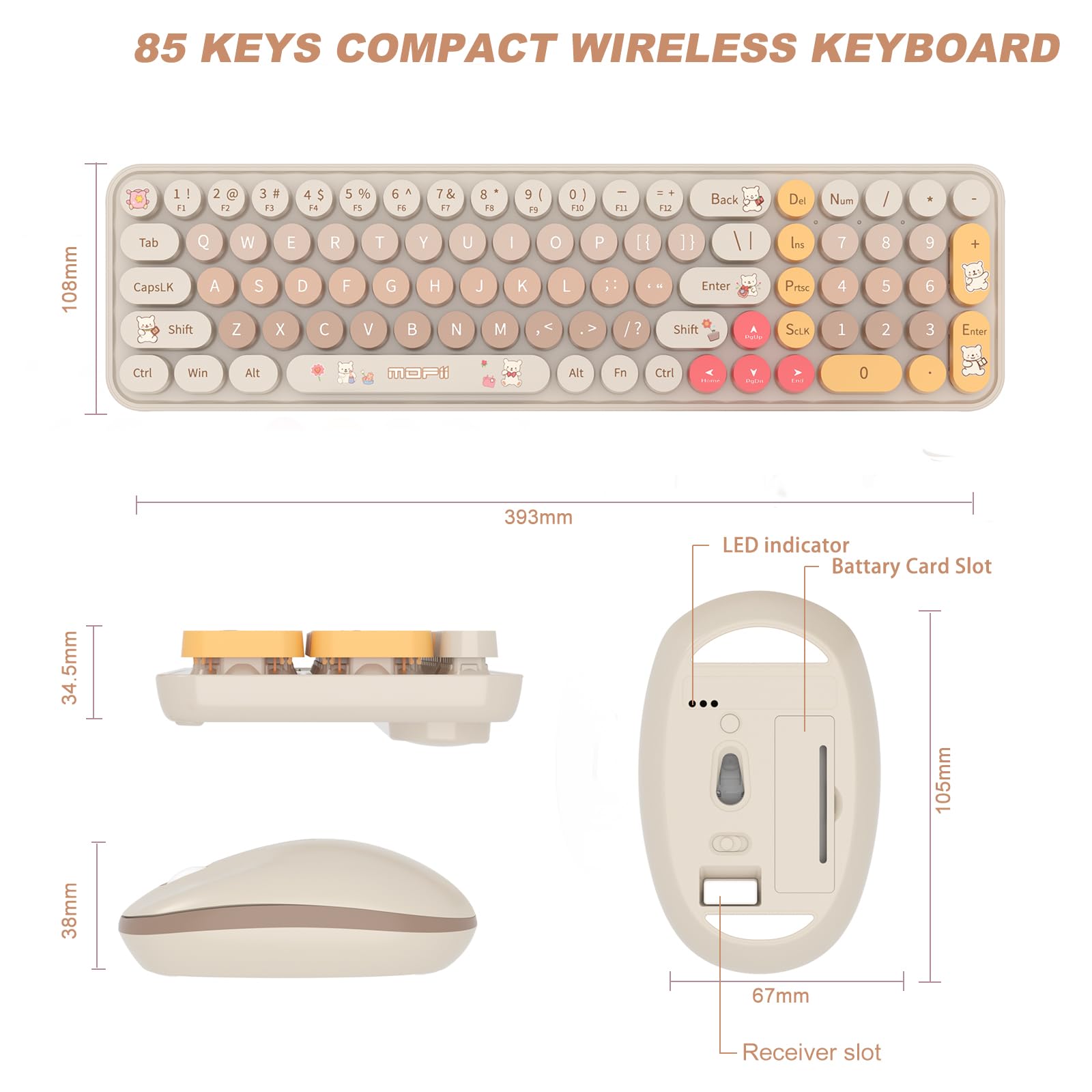 Keyboard Mouse Wireless, Slim Compact Silent 2.4G Cute 84 Keys Keyboard For Pc, Notebook, Macbook, Tablet, Laptop, Windows Syste